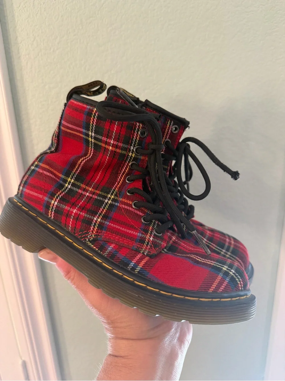 Dr. Martens 1460 Black and Red Tartan Boots - Sz 1